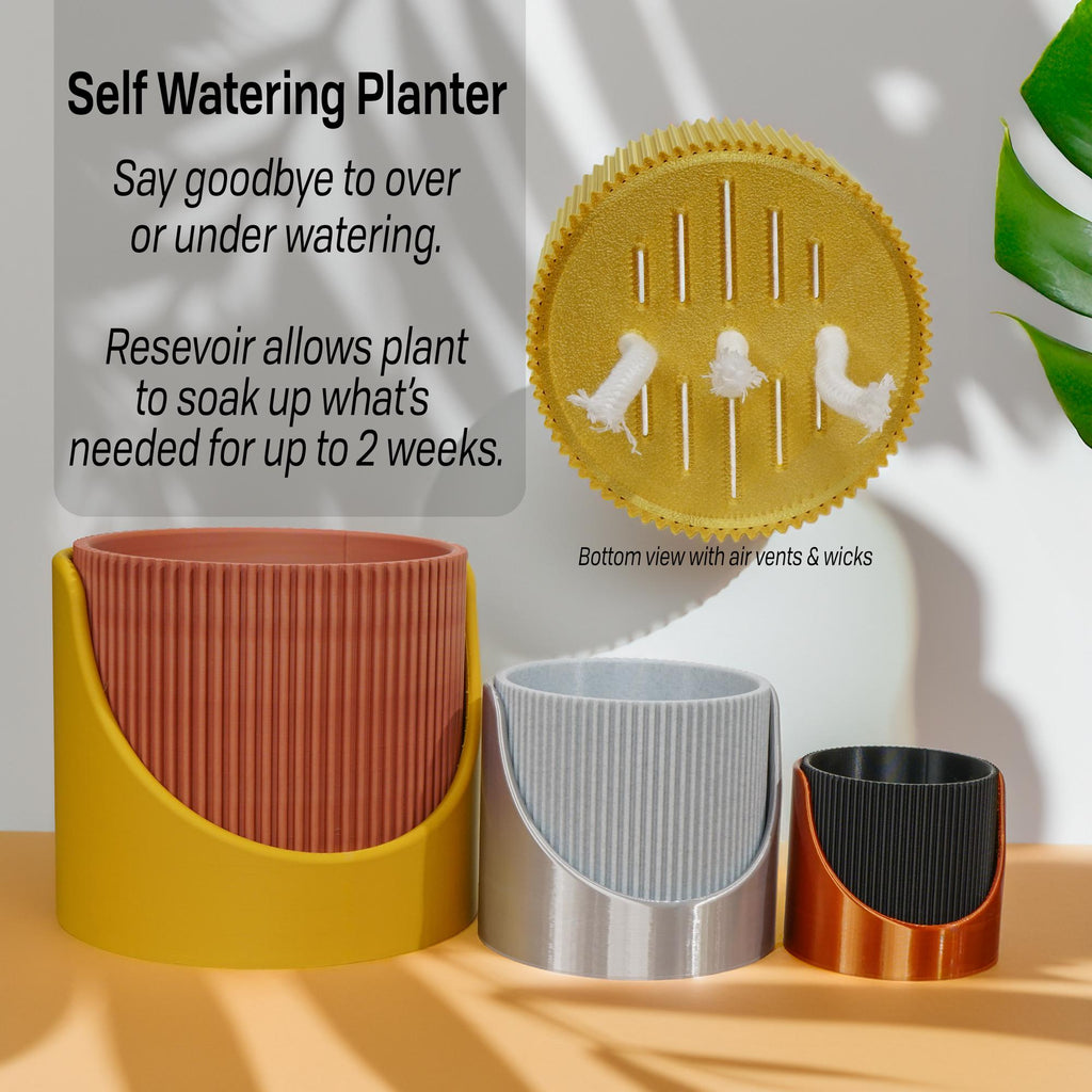 4 Inch Self Watering Planter, Large Indoor Outdoor Plant Pot with Drainage, Terracotta, Green, Beige, Modern Ribbed Design
